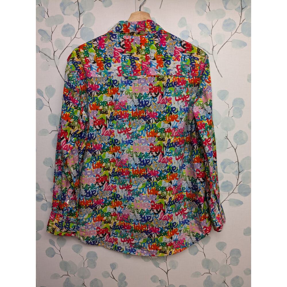 APNY Women's S Long Sleeve Button Up Blouse Rainbow Love Grafitti Print Artsy - Picture 10 of 10